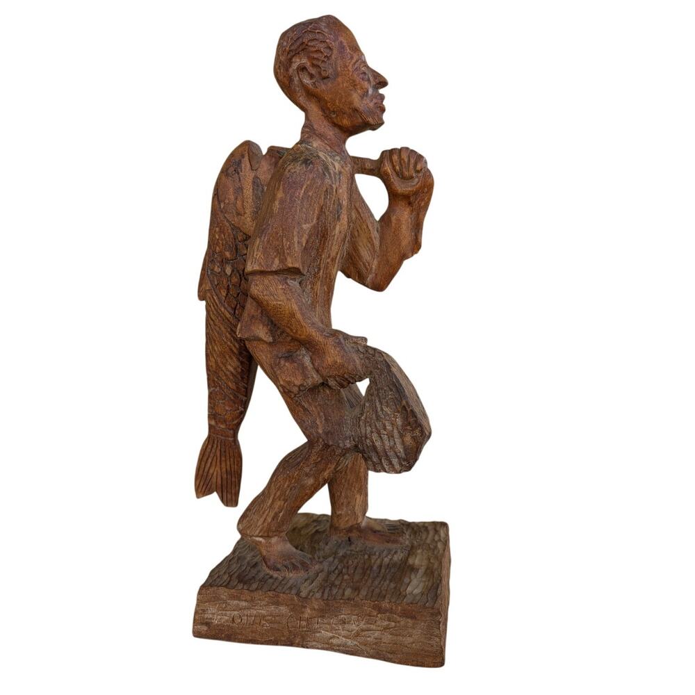 Louis Chery Homemade Handcarved Wooden Sculpture Man with Fish